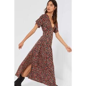 Nastygal Who Grows There Floral Midi Dress Side Slit Size 8 V Neck